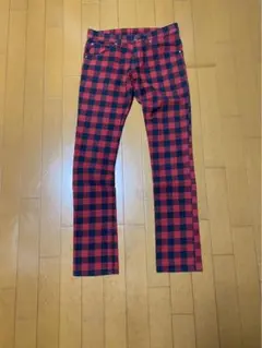 【美品】赤黒チェック スキニーパンツ　長ズボン サイズM レディース　ほそめ