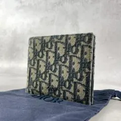 【美品】 ディオールオム 二つ折り財布 オブリークジャガード ネイビー