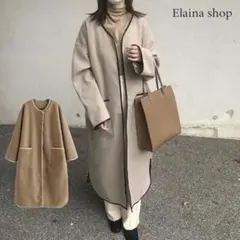 美品　パイピングノーカラーロングコート　ライトコート　モカベージュF