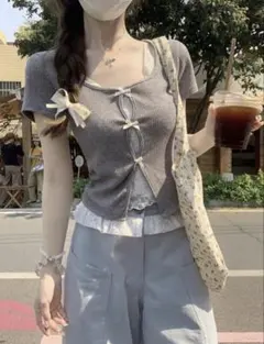 リボン付き リブ 半袖 Tシャツ グレー ac2744