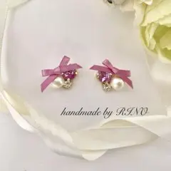 大人可愛い＊リボンビジューピアスorイヤリング ライトパープル