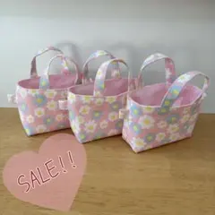 ミニミニトートバッグ☆花3点☆ピンク☆ハンドメイド☆布バスケット☆小物入れ