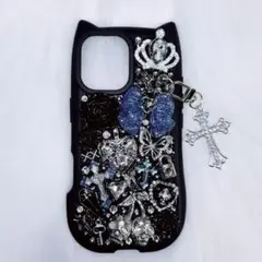 iPhone17ケース デコ電 デコケース 黒 水色 猫耳 地雷系 ゴスロリ