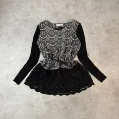 リブニット レース ペプラム風 異素材 ウエスト調整 姫カジ 大人カジュアル