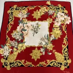 Pierre Cardinスカーフ　イタリアシルク　真紅　ゴールド　花柄