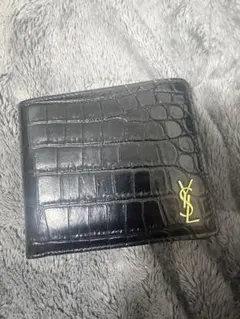 SAINT LAURENT 黒 二つ折り財布 クロコ型押し