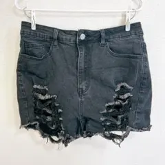 シーイン ショートパンツ ダメージ 裾フリンジ 無地 0XL 黒 綿 旅行