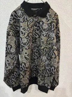 日本製 90s レトロ古着 ペイズリー総柄 Lサイズ ニットポロシャツ　3D