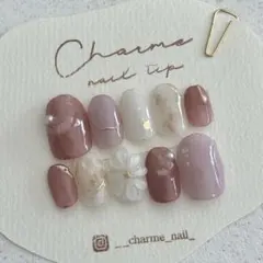 現品　No.34 ネイルチップ　ニュアンスネイル　春　ピンク　ぷっくり　フラワー