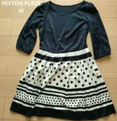 【PEYTON PLACE】М 日本製 ドット切替ワンピース 七分袖 ブラック