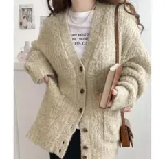 classicalELF Javaコラボ ブークレーVネックカーデ ベージュ S