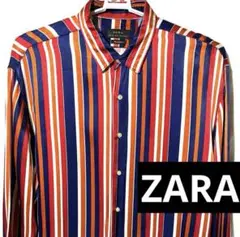 ZARA M L 長袖 総柄 柄 ランダム マルチ ストライプ レーヨン シャツ