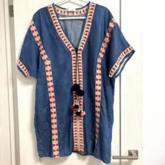 ZARA TRF エスニック刺繍 チュニックワンピース デニム風 L タッセル付