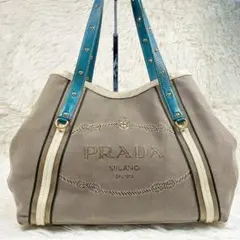 レア✨ プラダ PRADA ジャガード トートバッグ 三角ロゴプレート スタッズ
