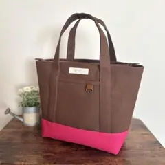 倉敷8号帆布あおりポケット付きトートバッグM ココア×ショッキングピンク