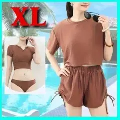 4点セットブラウン XL ショートパンツとTシャツ　ラッシュガードタイプ半袖水着