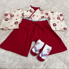 【Puff 2 Kids】袴風 ロンパース 女の子 90 靴下　赤　花柄