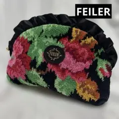 フェイラー フリルポーチ シェニール織ポーチ 黒 花柄 FEILER