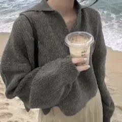 スキッパーニットVネック 襟付きセーター ダークグレー ⚠️即購入不可