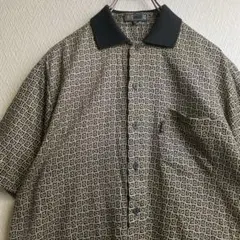 古着 シャツ 柄シャツ 総柄 デザインシャツ 襟リブ ブラック 半袖