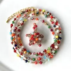 ４way　カラフル（赤多め）な星のチャーム付きロングネックレス