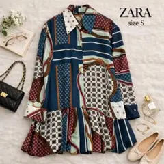 ZARA スカーフ柄 シャツワンピース ネイビー系 S ポリ100% 長袖