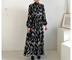 ロングワンピース モノトーン バイカラー リボン ボウタイ フォーマル 韓国