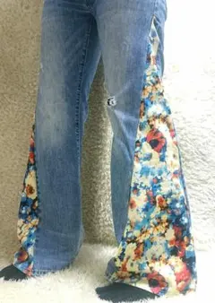 リメイク ダメージ デニム 再構築　ドッキング  フレアパンツ 花柄 手洗い済