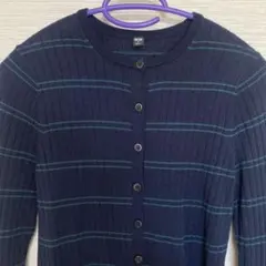 UNIQLO メリノリブクルーネックショートカーディガン ネイビーボーダー長袖
