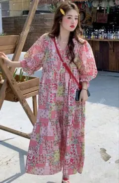 ノーブランド　海外製パッチワークワンピース　古着　あさぎーにょ　ポピー