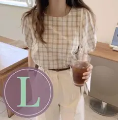 チェック柄 シャツ バルーンスリーブ ブラウス マドラス トップス 韓国 L