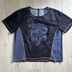 ネイビー メッシュ デニム生地　半袖シャツ　シースルー　13AB