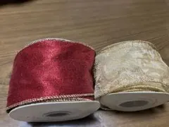リースやクリスマスツリー用赤と金のリボン 2個セットワイヤーエッジリボン