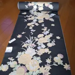 西陣織九寸帯未仕立品 （株）弥栄織物 新品 墨黒地縦花蔓文 芯入仕立代