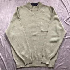 モックネック ニットセーター カーキ 無地 長袖 ポケット 古着 L シンプル