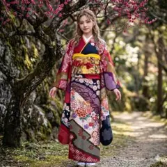 振袖フルセット 赤 黒 成人式 草履バック付 裄65cm S-184