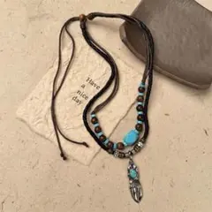 インディアン風 ターコイズ×フェザーモチーフ ネックレスレトロ男女兼用長さ調整可