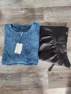 青ニットと黒ドレープワンピースセット