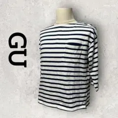 GU メンズ ボーダーカットソー 七分袖 ロンT カジュアル (М) 白 紺