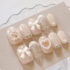 オーダー◇ネイルチップ ベージュ フレンチガーリー チーク ハート 量産型 淡色