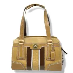極美品 COACH コーチ ハンドバッグ オールレザー ターンロック ストライプ