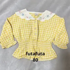 futafuta フタフタ 80 ギンガム ブラウス イエロー 襟 刺繍