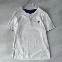 バーバリー ブラックレーベル ヘンリーネック M ボタンシャツ 白 ホース刺繍