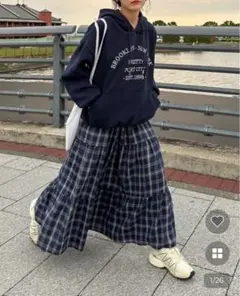 【nugu】daisy チェックロングスカート ネイビー