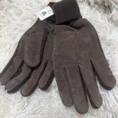 新品タグ付 豚革スエード手袋 ブラウン 防寒 ニットリブ 冬用グローブ メンズ
