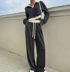 ダブルウエストダークグレー ポロシャツ＆パンツセットアップ　秋　クロップド