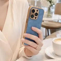 iPhone15Proケース ラグジュアリー ゴールドフレーム ブルー