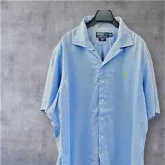 90s ラルフローレン CURHAM リネン 開襟半シャツ 水色　XL