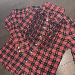 cantwo. フリル付き長袖シャツ 赤黒チェック