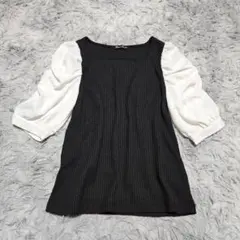 マジックサウンド　異素材切り替え　リブ編みカットソー　五分袖　Ｍ　パワショル